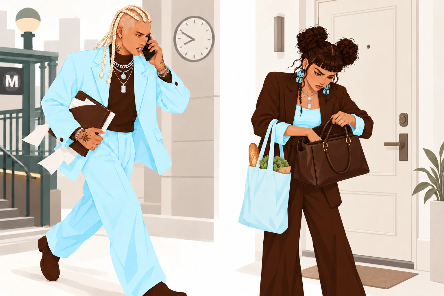 Two people, two everyday situations: he on the phone with a folder under his arm, she digging through her bag on the way out. Both just functioning.