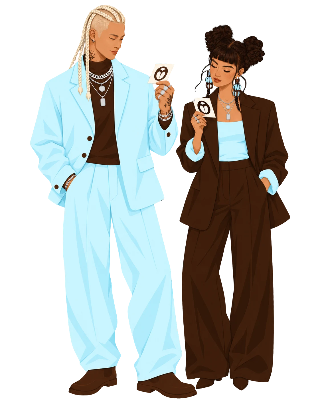 Two people in light-blue and brown suits, each holding a small WOKEY reminder card.