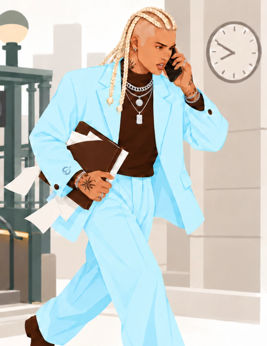 He hurries along on the phone, carrying a folder; a WOKEY reminder is visible on his cuff.