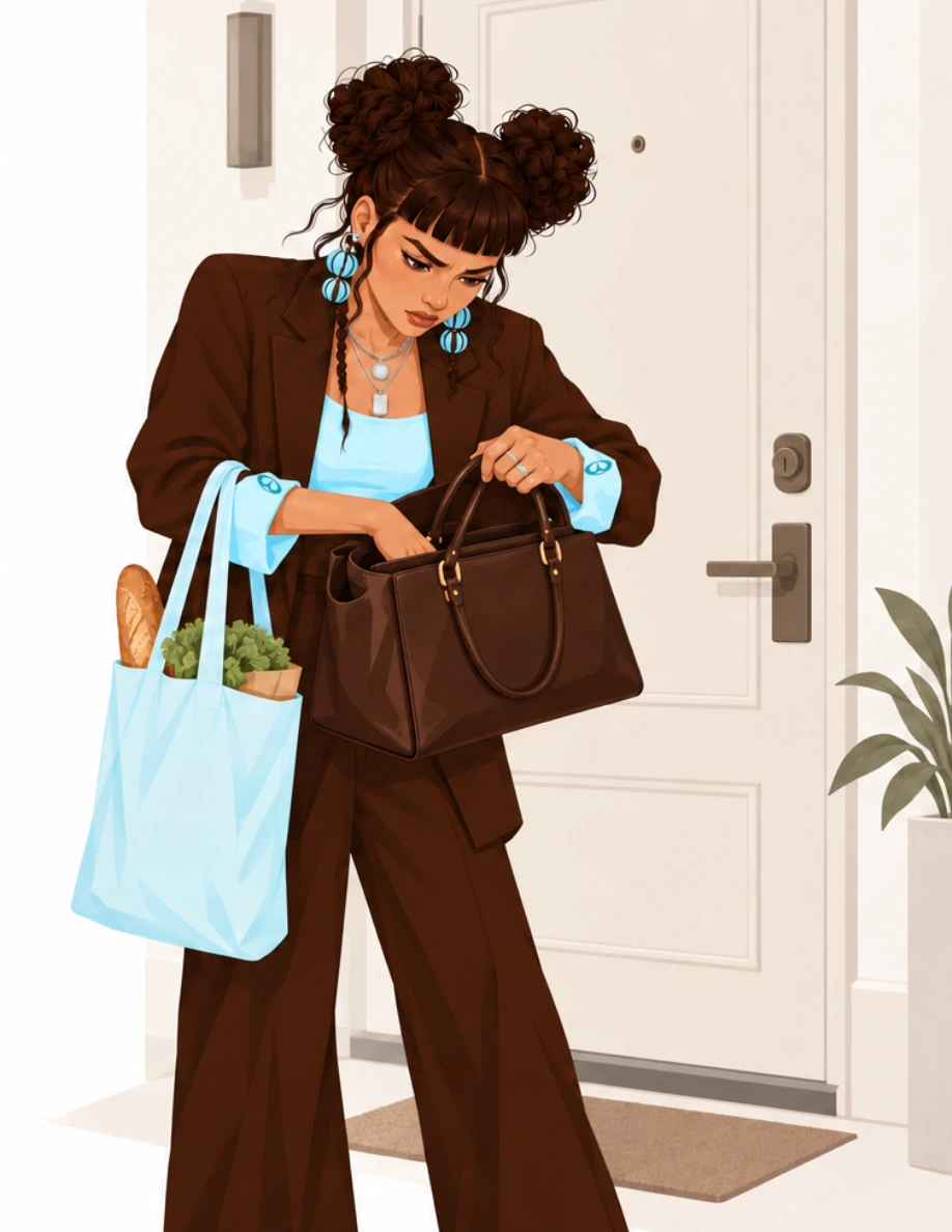 She searches through her bag on the way out, with WOKEY reminders on her light-blue cuffs.