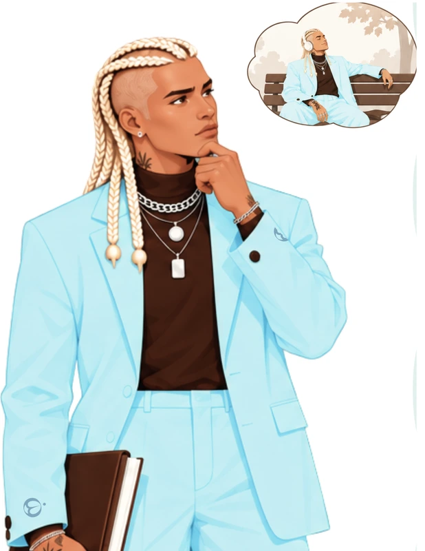 He rests a hand on his chin; a thought bubble shows him relaxed on a park bench with headphones.