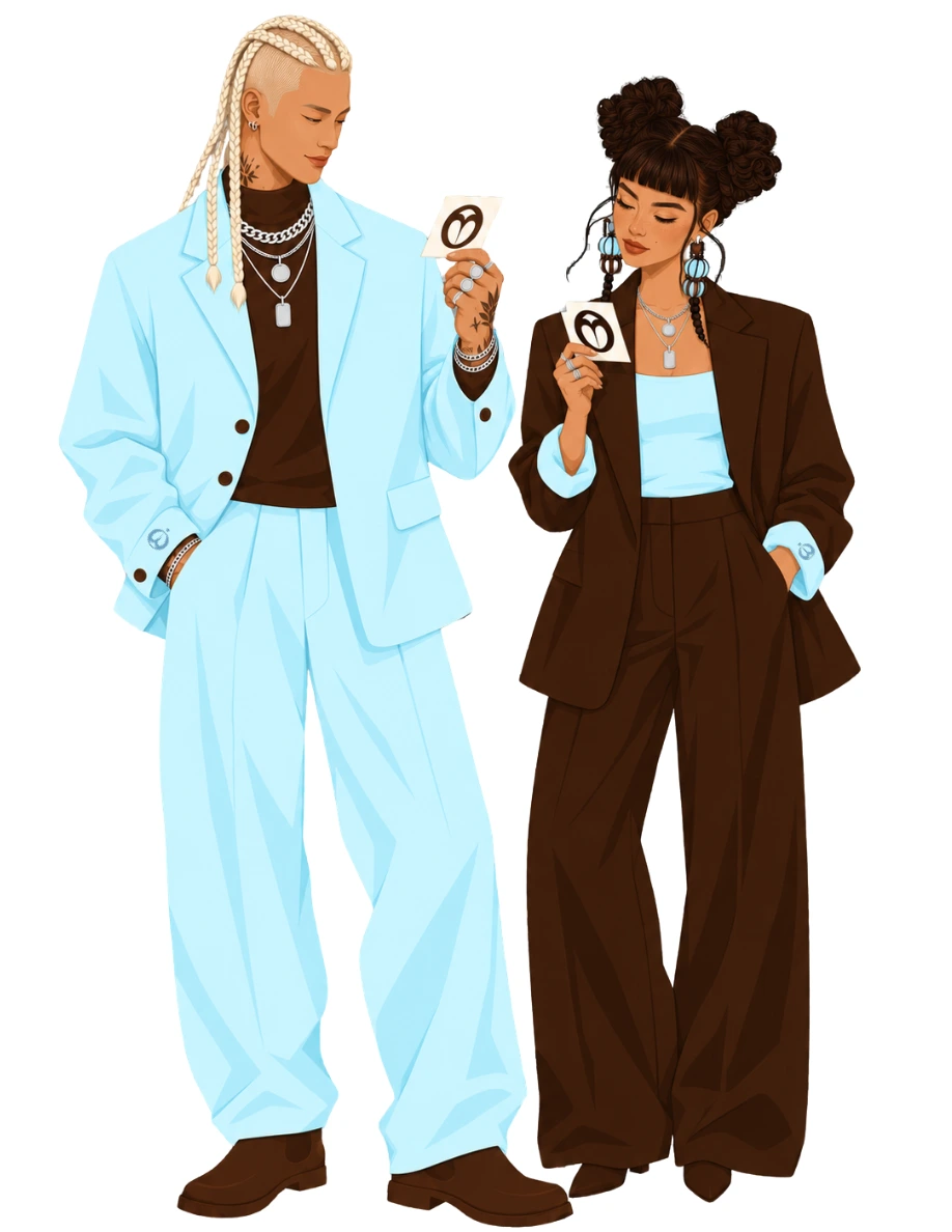 Two people in light-blue and brown suits, each holding a small WOKEY reminder card.