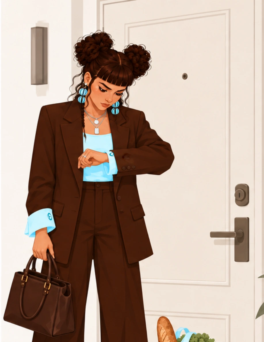 She pauses by the door and looks at her wrist; WOKEY reminders are visible on her cuffs.