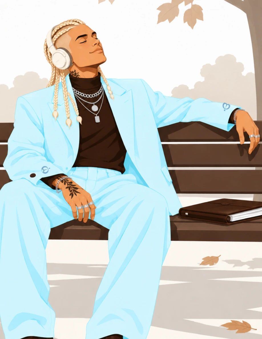 He leans back on a park bench in the sun, headphones on, eyes closed.
