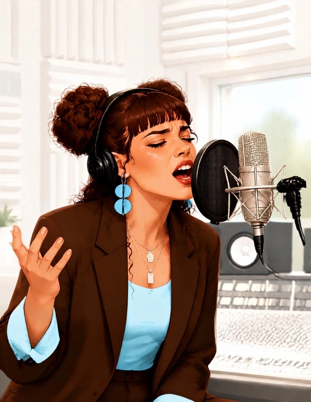 She sings into a studio microphone, headphones on, eyes closed.