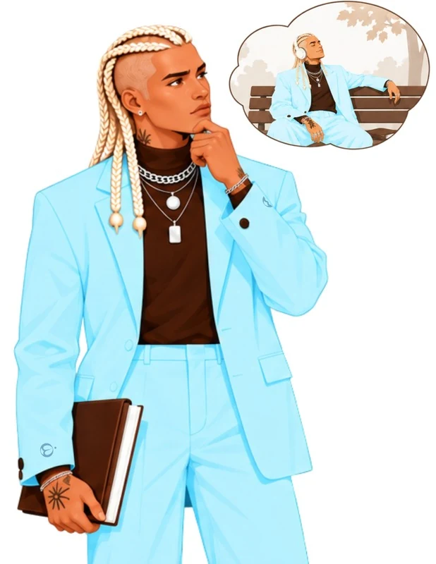 He rests a hand on his chin; a thought bubble shows him relaxed on a park bench with headphones.