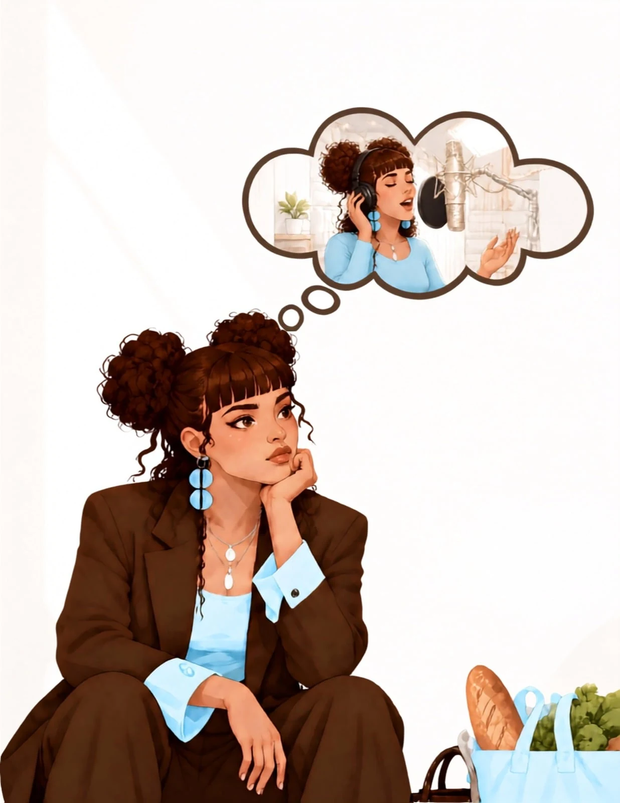 She sits with her chin in her hand; a thought bubble shows her singing at a studio microphone.