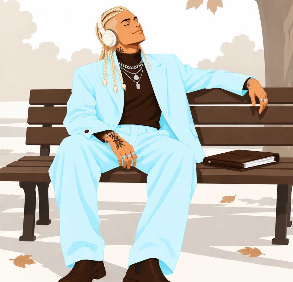 He leans back on a park bench in the sun, headphones on, eyes closed.