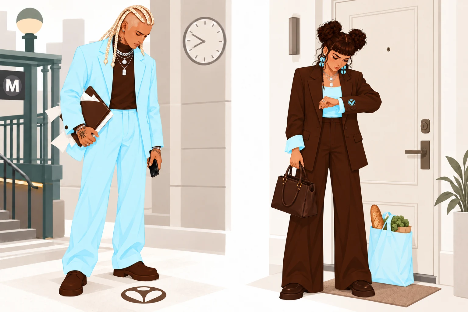 Both stop: he looks down at his folder, she checks her watch. A WOKEY mark on the pavement between them.